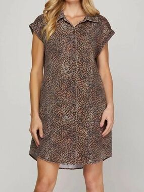SHE + Sky Women's Leopard Twill Washed Shirt Dress.